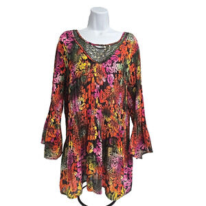 Dressbarn Womens Tunic Top Multicolored Boho Bell Sleeve Pintucks Size 22/24